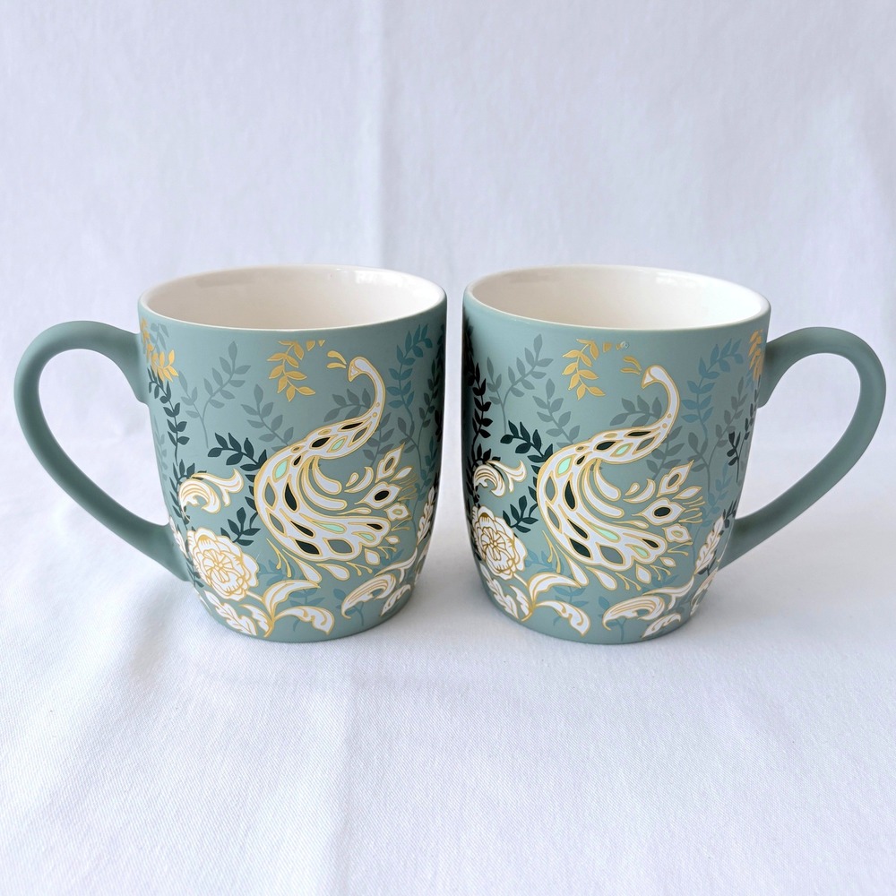 Petal & Pearl Soft Touch Metallic Peacock Design Sage Green 2 Coffee Mugs 16oz